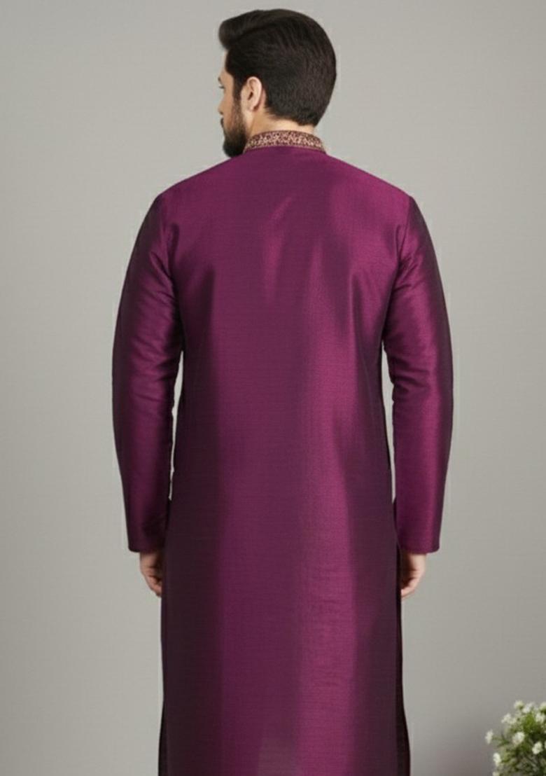 Magenta Embroidery Silk Kurta For Men - Indya