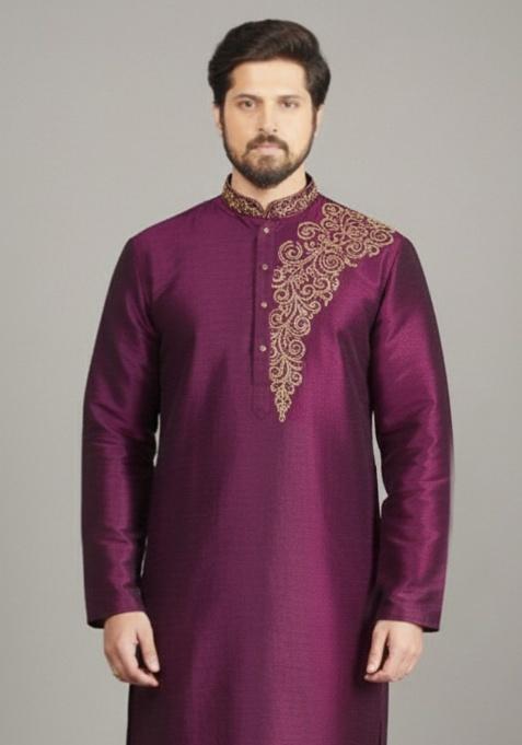 Magenta Embroidery Silk Kurta For Men