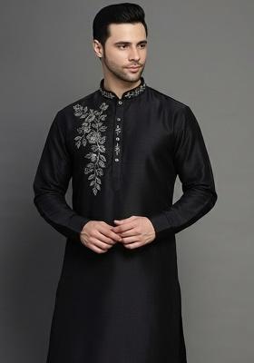 Black Embroidery Silk Kurta For Men