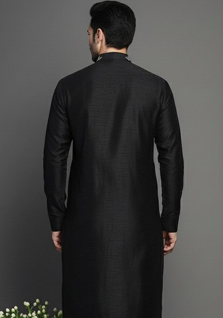 Black Embroidery Silk Kurta For Men - Indya