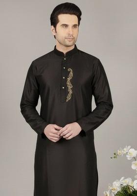 Black Embroidery Silk Kurta For Men