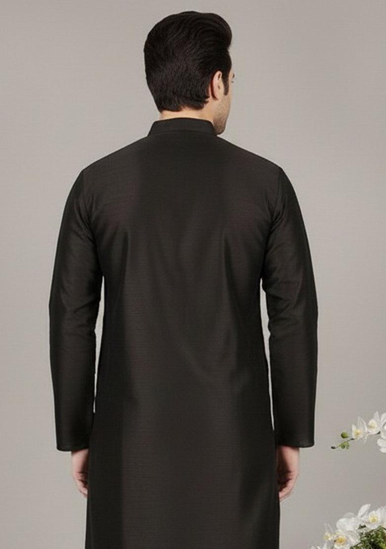 Black Embroidery Silk Kurta For Men - Indya