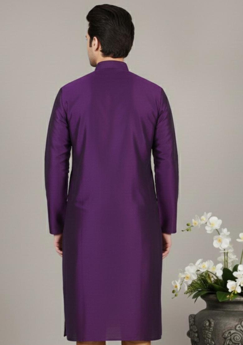 Purple Embroidery Silk Kurta For Men - Indya