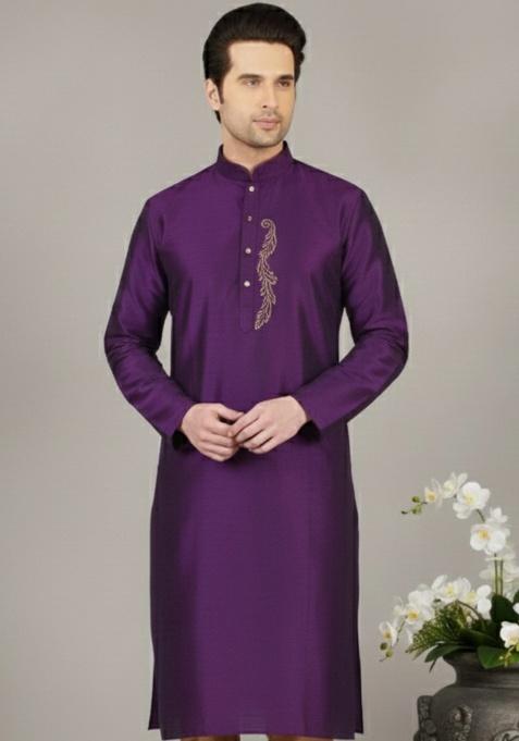 Purple Embroidery Silk Kurta For Men