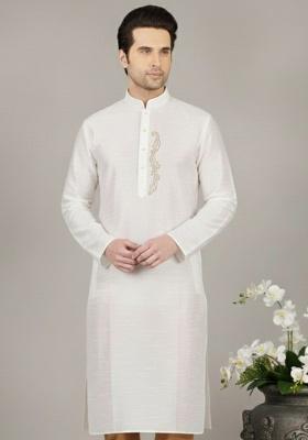 White Embroidery Silk Kurta For Men