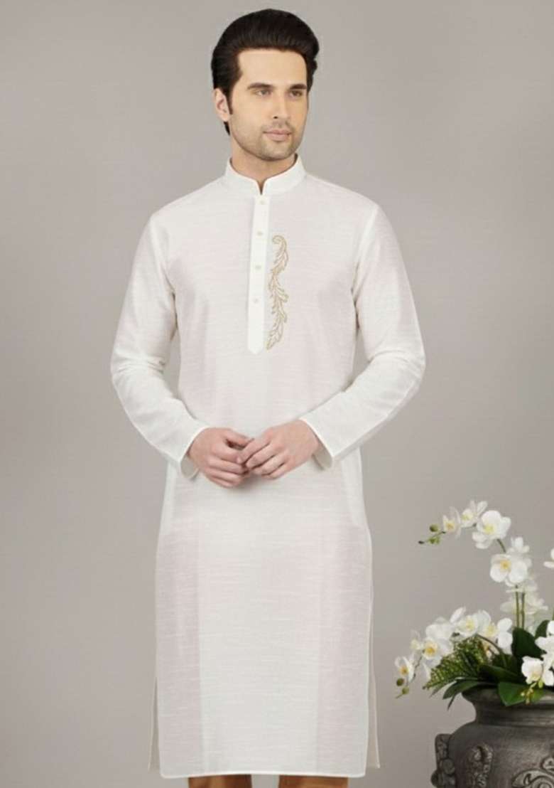 White Embroidery Silk Blend Kurta For Men - Indya