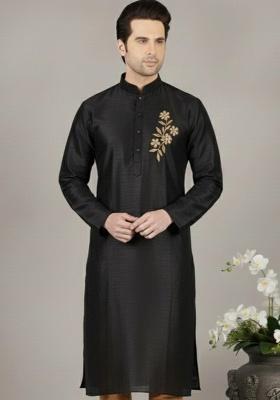 Black Embroidery Silk Kurta For Men