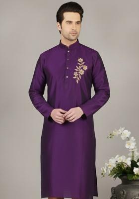 Purple Embroidery Silk Kurta For Men