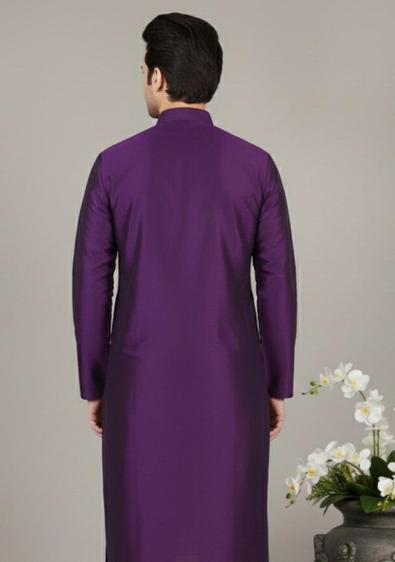 Purple Embroidery Silk Kurta For Men - Indya