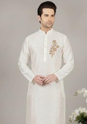 White Embroidery Silk Kurta For Men