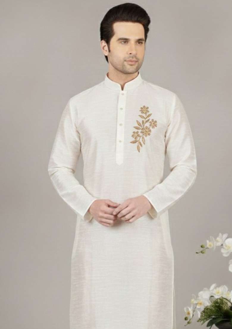 White Embroidery Silk Blend Kurta For Men - Indya