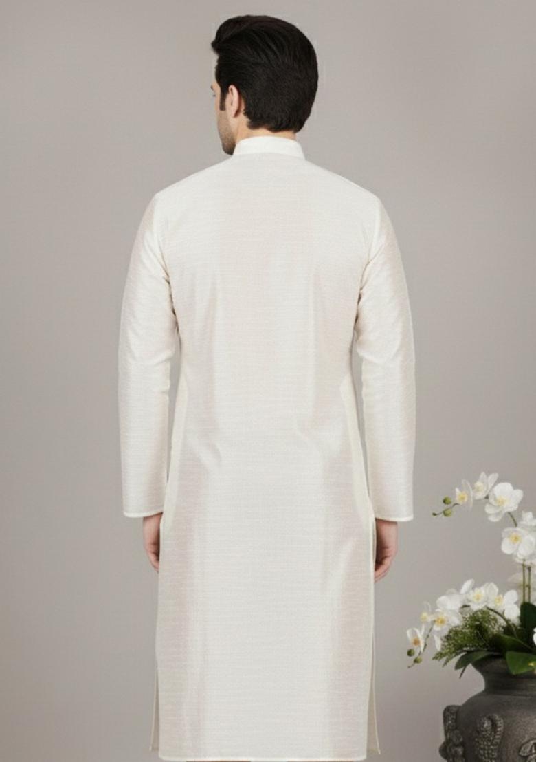 White Embroidery Silk Kurta For Men - Indya
