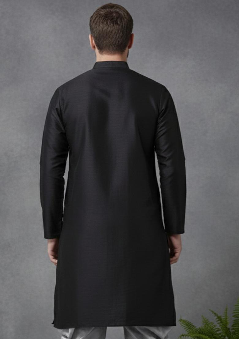 Black Embroidery Silk Kurta For Men - Indya