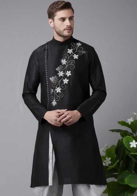 Black Embroidery Silk Kurta For Men