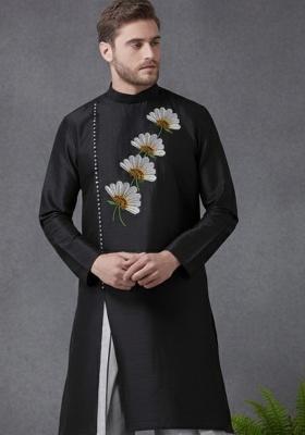 Black Embroidery Silk Kurta For Men