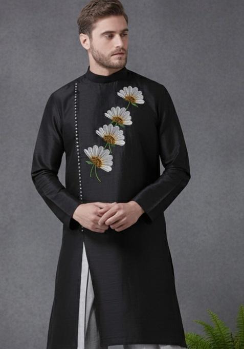 Black Embroidery Silk Kurta For Men