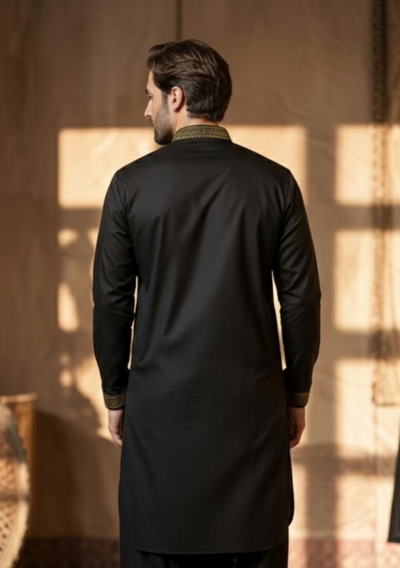 Black Embroidery Cotton Kurta For Men - Indya