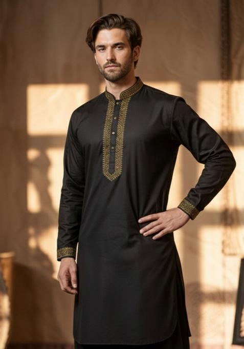 Black Embroidery Cotton Kurta For Men