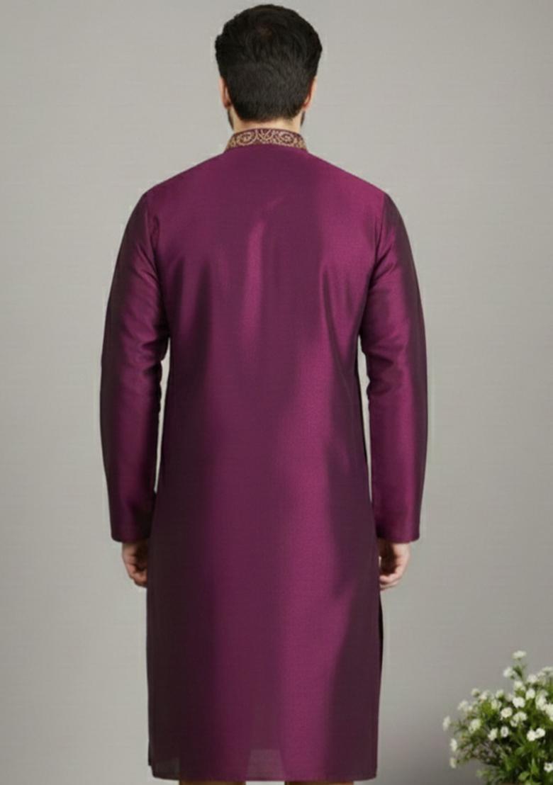 Magenta Embroidery Silk Kurta For Men - Indya