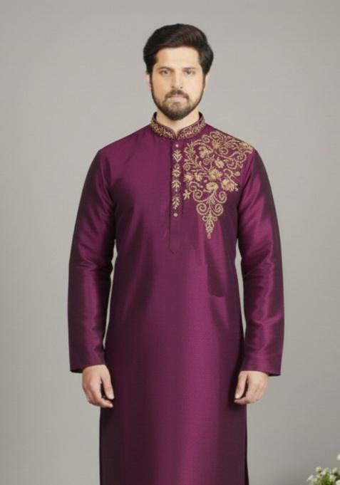 Magenta Embroidery Silk Kurta For Men