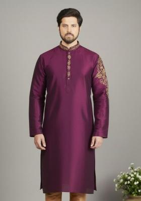 Magenta Embroidery Silk Kurta For Men