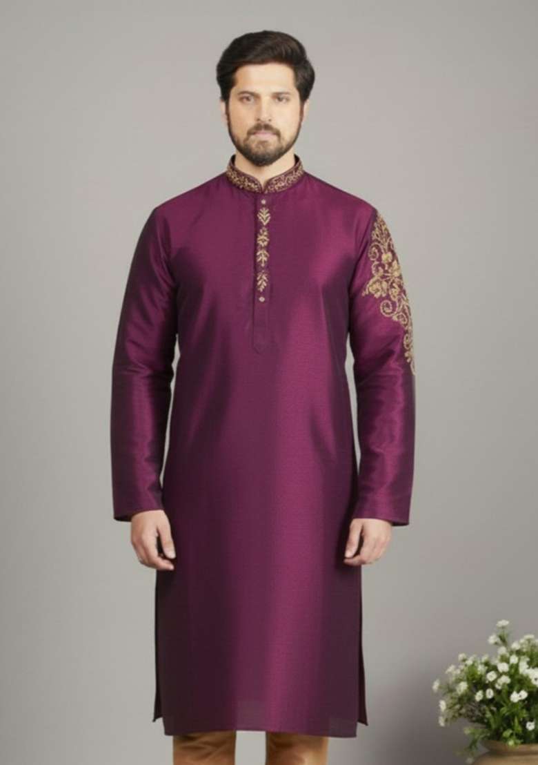 Magenta Embroidery Silk Blend Kurta For Men - Indya
