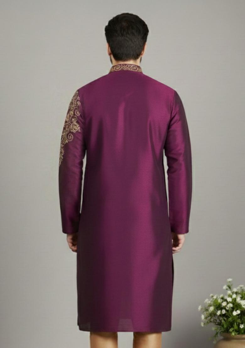 Magenta Embroidery Silk Kurta For Men - Indya