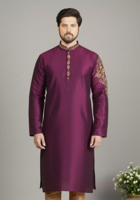Magenta Embroidery Silk Kurta For Men