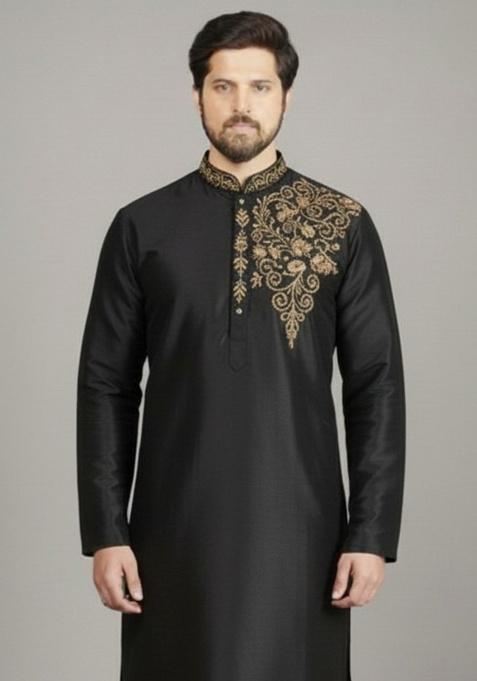 Black Embroidery Silk Kurta For Men