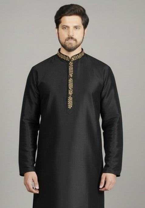 Black Embroidery Silk Kurta For Men