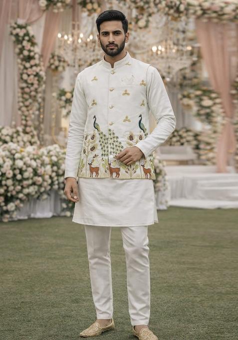 White Embroidery Satin Waistcoat Kurta For Men