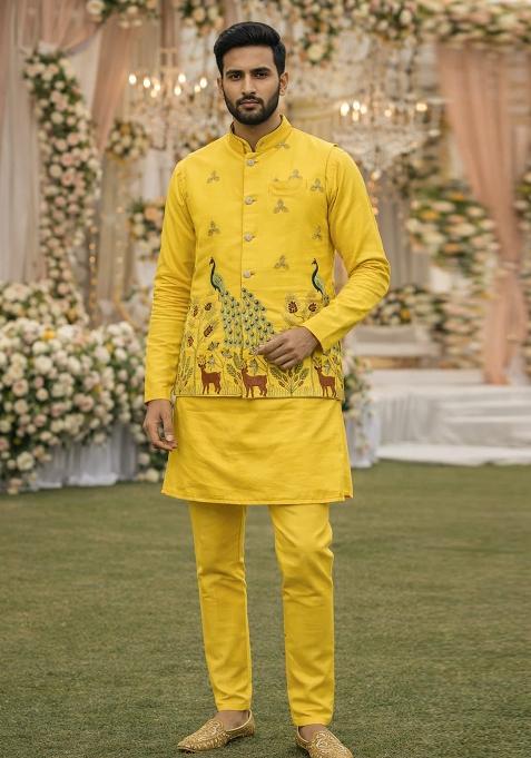 Yellow Embroidery Satin Waistcoat Kurta For Men