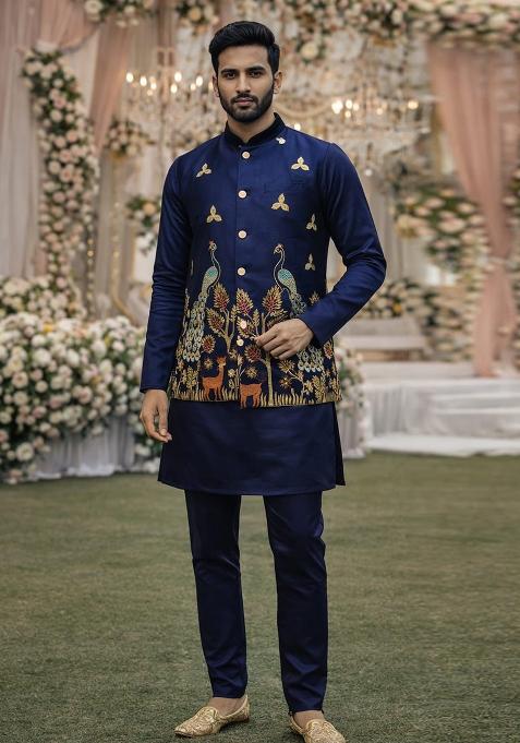 Navy Blue Embroidery Satin Waistcoat Kurta For Men