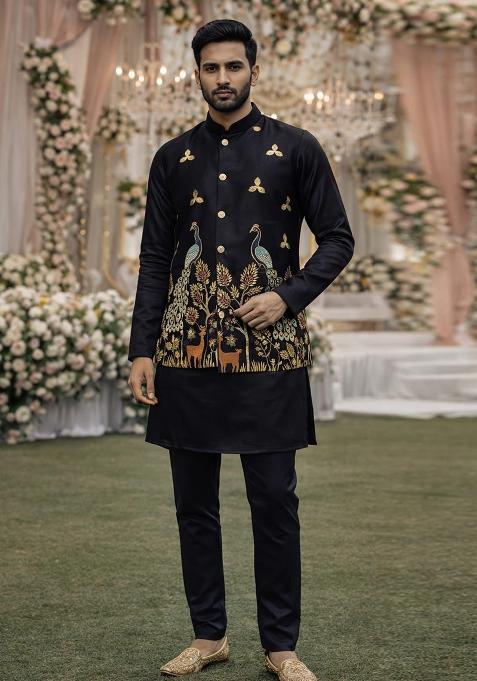 Black Embroidery Satin Waistcoat Kurta For Men