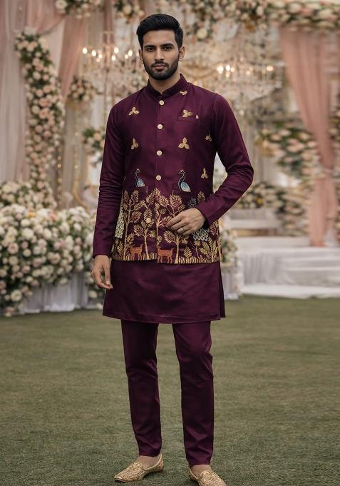 Wine Embroidery Satin Waistcoat Kurta For Men