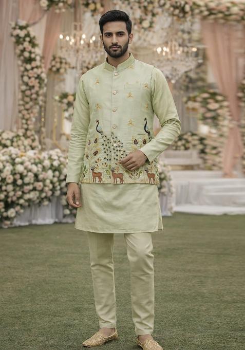 Mint Green Embroidery Satin Waistcoat Kurta For Men