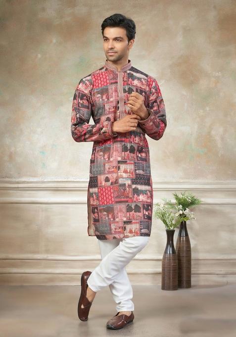 Multicolor Embroidery Cotton Kurta With Pyjama For Men