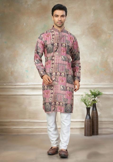 Pink Embroidery Cotton Kurta With Pyjama For Men