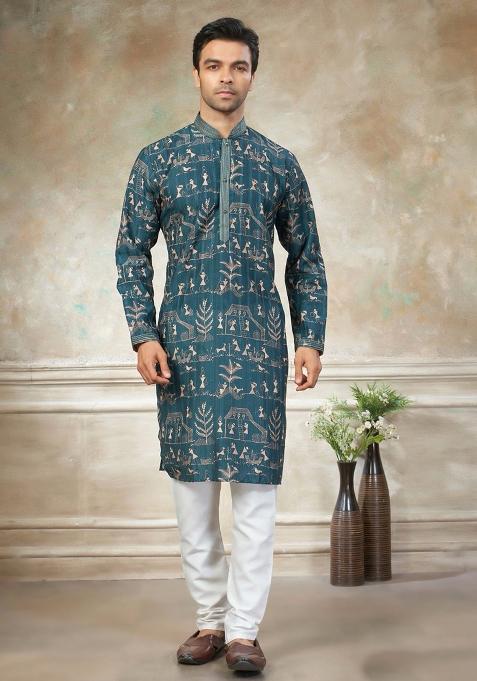 Teal Blue Embroidery Cotton Kurta With Pyjama For Men