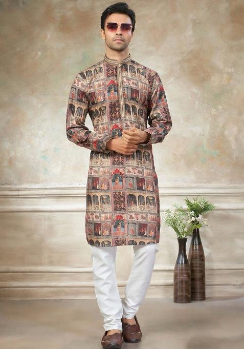 Multicolor Embroidery Cotton Kurta With Pyjama For Men
