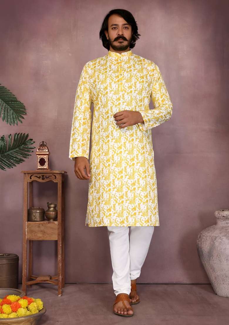 Yellow Embroidery Cotton Kurta With Pyjama For Men - Indya