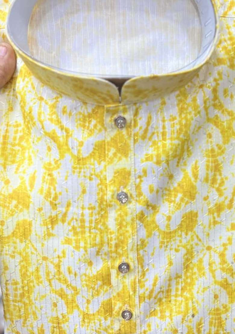 Yellow Embroidery Cotton Kurta With Pyjama For Men - Indya
