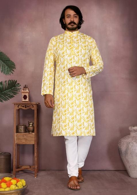 Yellow Embroidery Cotton Kurta With Pyjama For Men