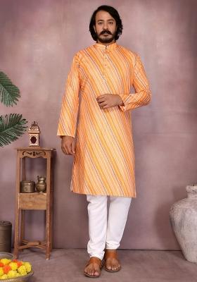 Mustard Embroidery Cotton Kurta With Pyjama For Men