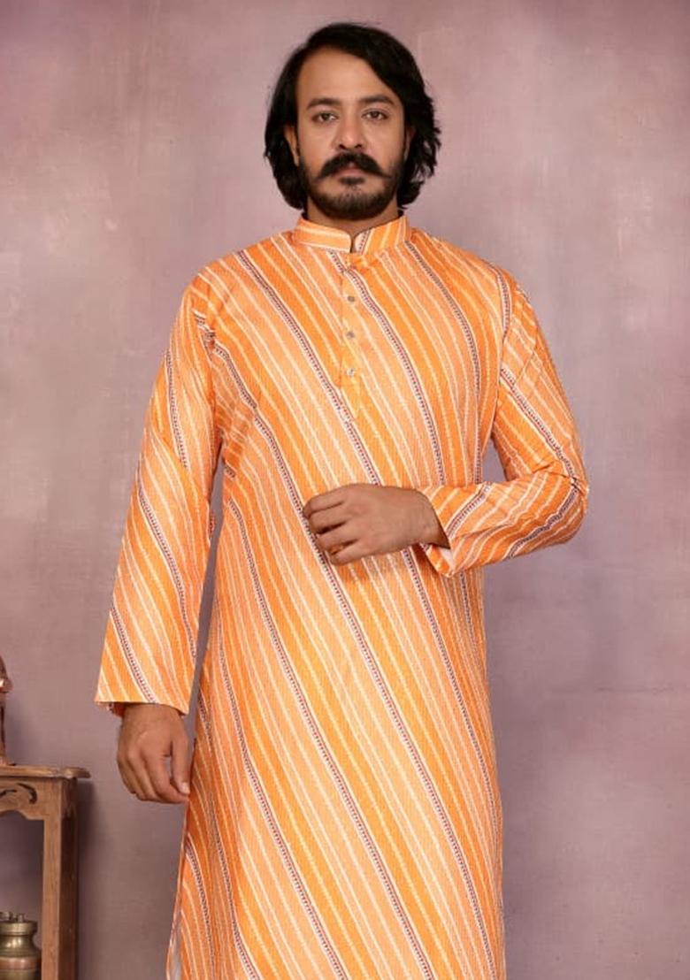 Mustard Embroidery Cotton Kurta With Pyjama For Men - Indya