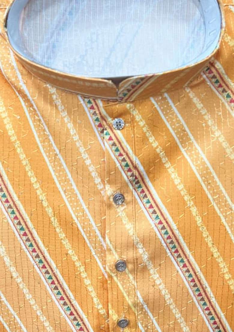 Mustard Embroidery Cotton Kurta With Pyjama For Men - Indya