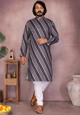 Black Embroidery Cotton Kurta With Pyjama For Men