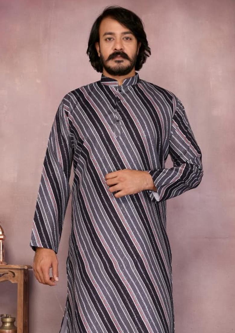 Black Embroidery Cotton Kurta With Pyjama For Men - Indya