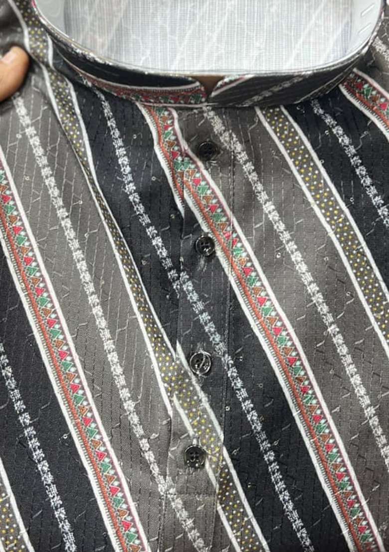 Black Embroidery Cotton Kurta With Pyjama For Men - Indya