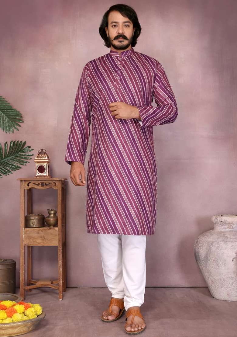 Purple Embroidery Cotton Kurta With Pyjama For Men - Indya
